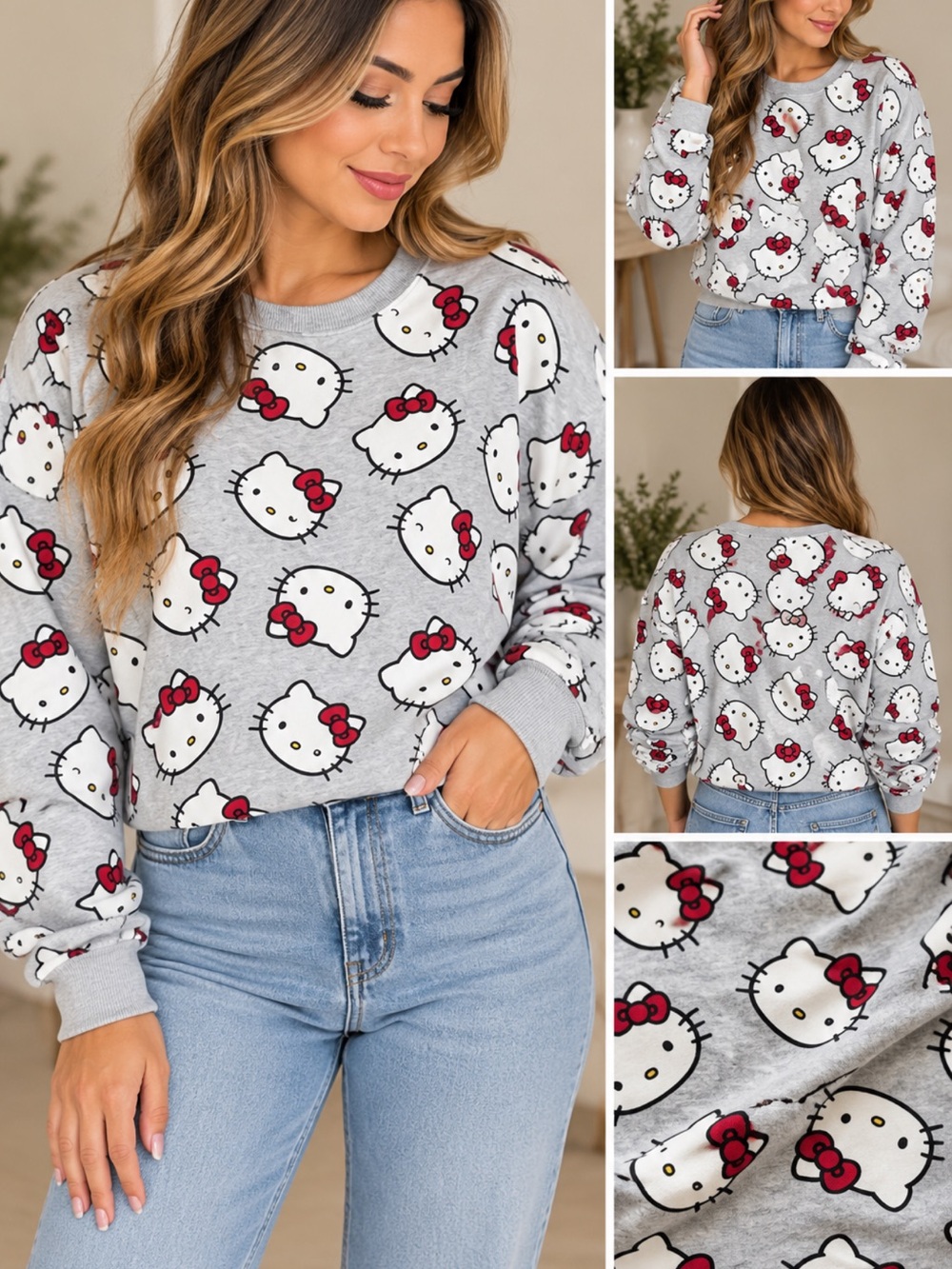 Hello Kitty Light Gray Crewneck Sweatshirt with Red Bows
